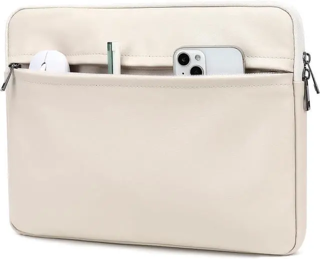 Alt view image 3 of 6 - Embossing Floral Pattern PU Leather Laptop Sleeve Case with Pocket (Ivory White PU 16 inch)