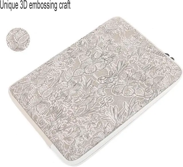 Alt view image 5 of 6 - Embossing Floral Pattern PU Leather Laptop Sleeve Case with Pocket (Ivory White PU 16 inch)