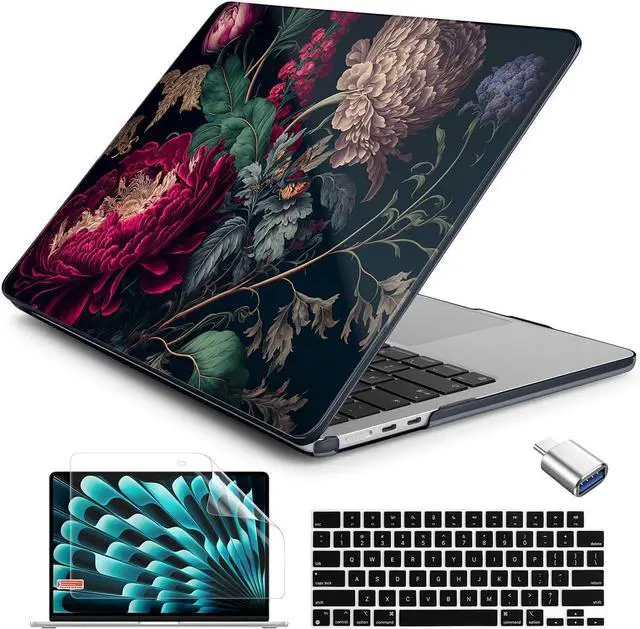 Main image of Case for New MacBook Air 13.6 inch 2025 M4 2024 2022 Release Model A3240 A3113 M3 A2681 M2 Designed Protective Hardshell Keyboard Cover and USB-C OTG Adapter Vintage Flower