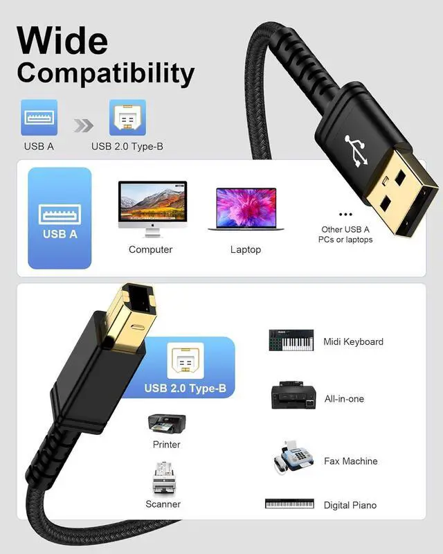 Alt view image 7 of 7 - 6FT USB Printer Cable USB 2.0 Type A Male to B Male Cable  Cord for HP Canon Brother  Epson Lexmark Xerox to Computer/Laptop/PC USB 2.0 MIDI Cable for Keyboard Digital Piano DAC
