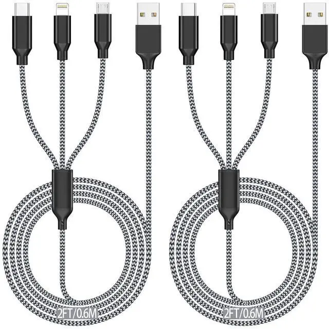 Main image of Short Multi Charging Cable (2ft 2Pack) 3 in 1 Charging Cable Travel Essentials iPhone Charger Nylon Braided Cord with Type C Micro Lightning USB C for  Android Phone