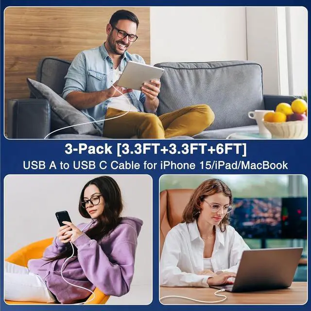 Alt view image 3 of 7 - Car Carplay Cable for iPhone 17 16 15 Pro Plus Pro Max Air3-Pack [3.3FT+3.3FT+6FT] USB A to USB C Cable for iPhone 17 16 15for iPad Pro/Air/Minifor Galaxy S25 S24for MacBook Pro/Air and More