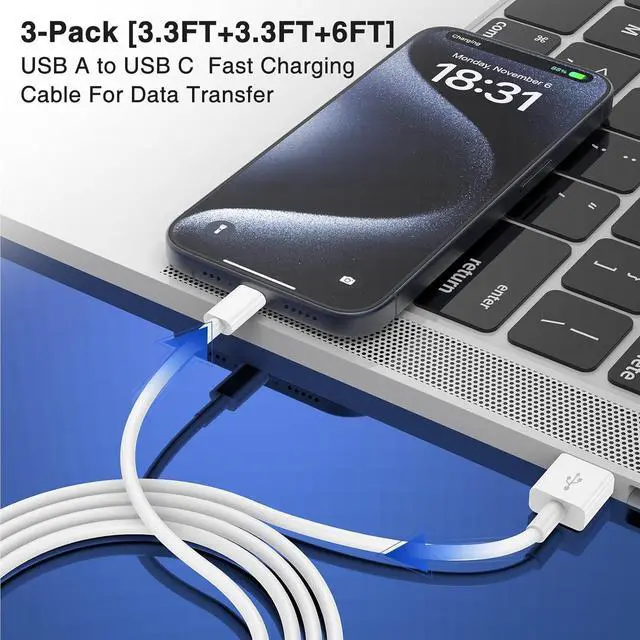 Alt view image 5 of 7 - Car Carplay Cable for iPhone 17 16 15 Pro Plus Pro Max Air3-Pack [3.3FT+3.3FT+6FT] USB A to USB C Cable for iPhone 17 16 15for iPad Pro/Air/Minifor Galaxy S25 S24for MacBook Pro/Air and More