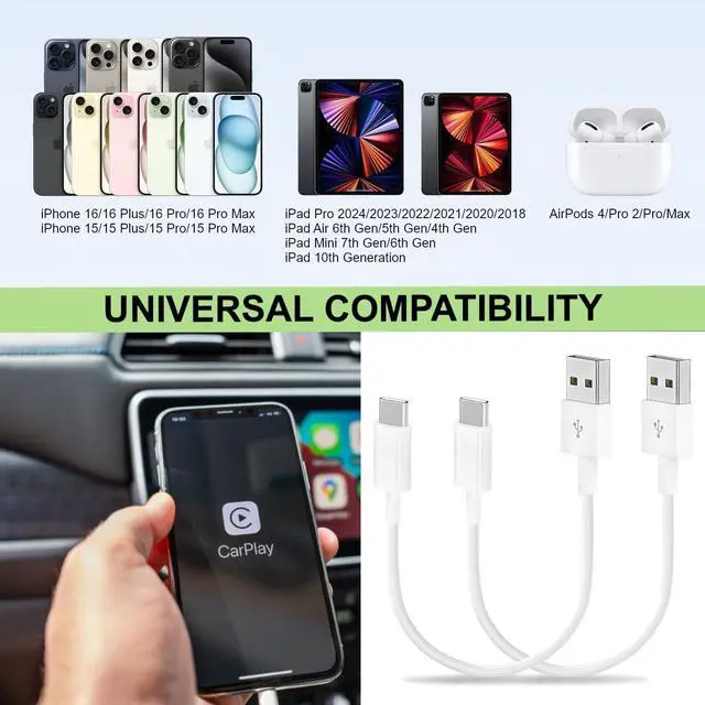 Alt view image 7 of 7 - Short iPhone 15/16/17 CarPlay Cable 1.15ft [2-Pack] C USB A to USB C Fast Charging Cord for  iPhone Pro/Max/Air Android Auto Charger for  Galaxy S24/S23 Google Pixel Z Flip