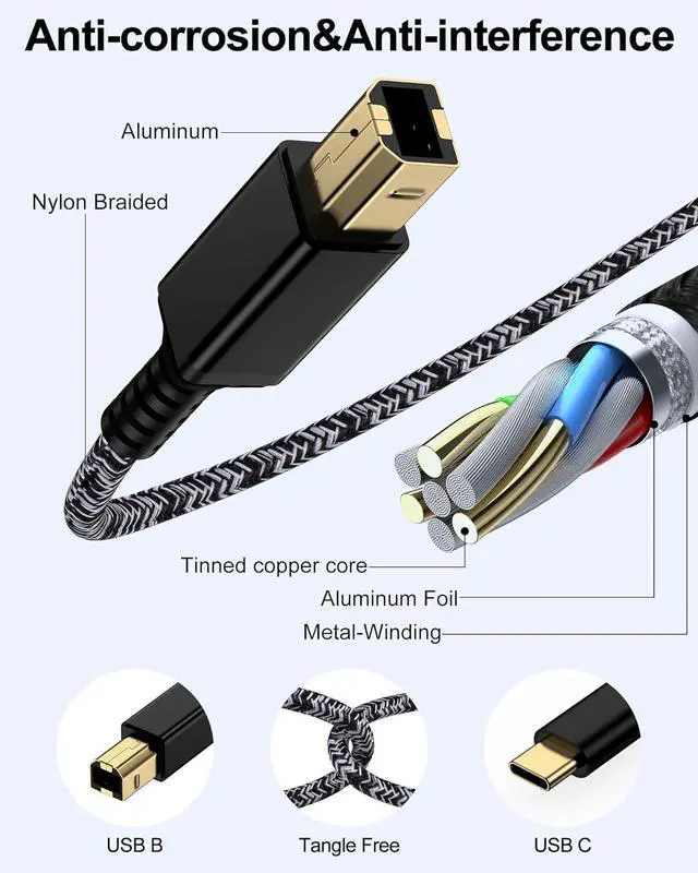 Alt view image 6 of 7 - USB C Printer Cable 6Feet USB Type B 2.0 to Type C  Printer Cord for Macbook Pro/Air iPad Computer Laptop MIDI to USBC Cable for HP Epson Canon Brother Digital Piano Keyboard DJ Controller