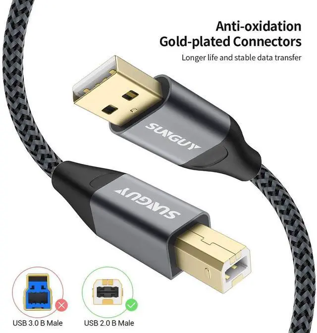 Alt view image 2 of 7 - USB Printer Cable 10FT USB A to B Printer Cable Nylon USB 2.0 Type B Code Compatible with Lexmark  HP Canon Epson Xerox Brother and More - Grey 10ft