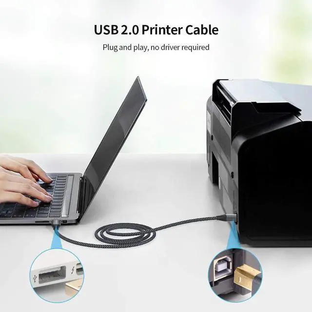 Alt view image 3 of 7 - USB Printer Cable 10FT USB A to B Printer Cable Nylon USB 2.0 Type B Code Compatible with Lexmark  HP Canon Epson Xerox Brother and More - Grey 10ft