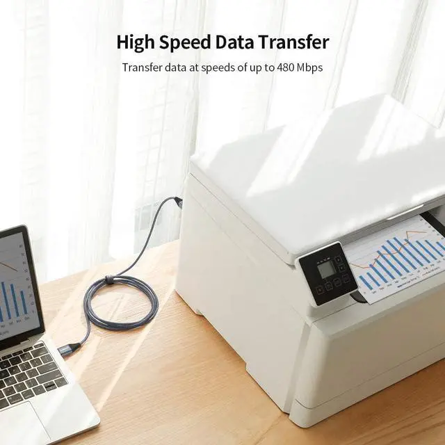 Alt view image 5 of 7 - USB Printer Cable 10FT USB A to B Printer Cable Nylon USB 2.0 Type B Code Compatible with Lexmark  HP Canon Epson Xerox Brother and More - Grey 10ft