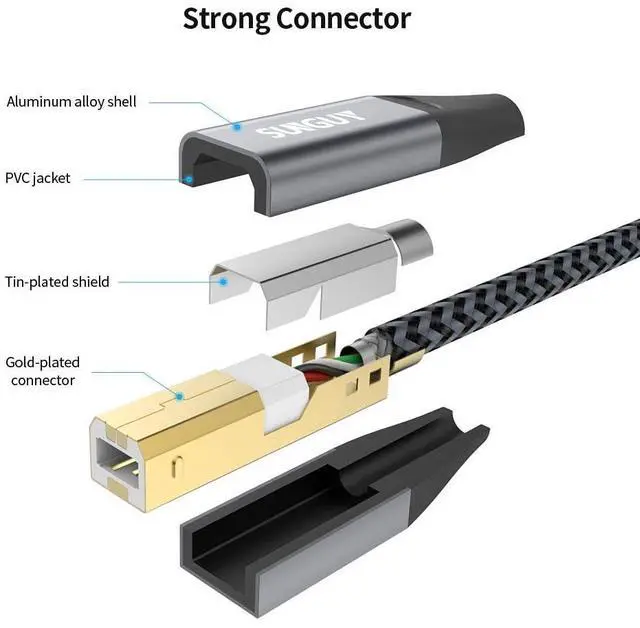 Alt view image 6 of 7 - USB Printer Cable 10FT USB A to B Printer Cable Nylon USB 2.0 Type B Code Compatible with Lexmark  HP Canon Epson Xerox Brother and More - Grey 10ft