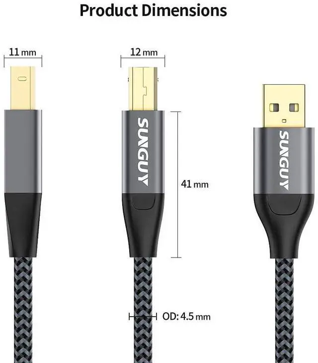 Alt view image 7 of 7 - USB Printer Cable 10FT USB A to B Printer Cable Nylon USB 2.0 Type B Code Compatible with Lexmark  HP Canon Epson Xerox Brother and More - Grey 10ft