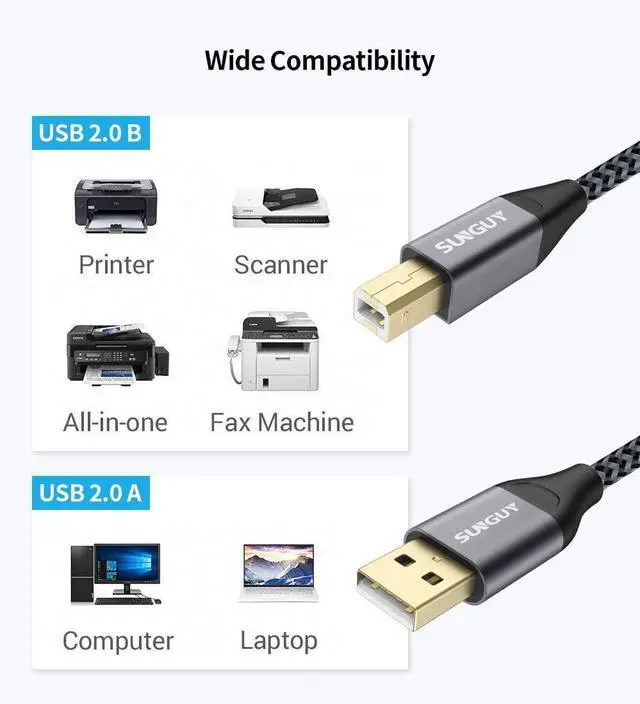 Alt view image 4 of 7 - USB Printer Cable 10FT USB A to B Printer Cable Nylon USB 2.0 Type B Code Compatible with Lexmark  HP Canon Epson Xerox Brother and More - Grey 10ft