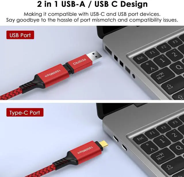 Alt view image 2 of 7 - USB C to Ethernet Cable 10 FT - 2 in 1 USB A/C to RJ45 Cable 1Gbps Braided Ethernet to USB C Cable Type C to RJ45 Ethernet for Thunderbolt 4/5 MacBook Pro/Air iPhone 16/17 XPS Galaxy S24