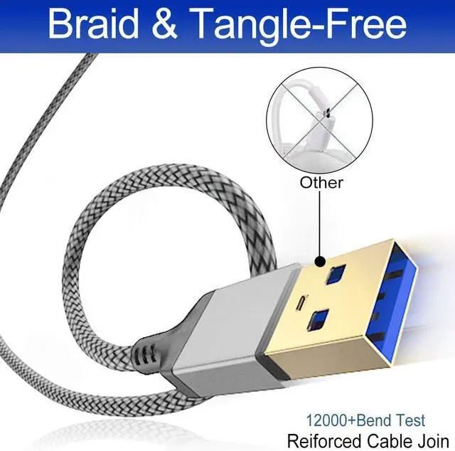 Alt view image 3 of 7 - USB A to USB A Cable 6.6 FT USB 3.0 Male to Male Cable Braided Nylon High-Speed Transfer USB to USB 3.0 for Hard Drive Enclosures Cameras DVD Player Laptop More (Grey)