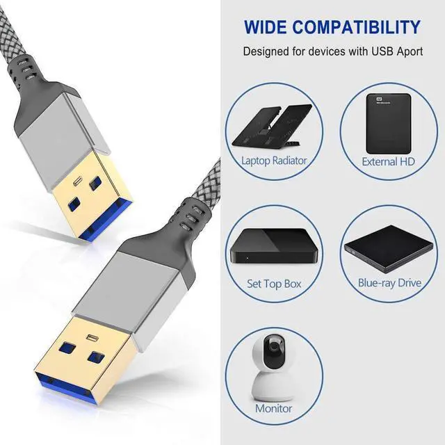 Alt view image 7 of 7 - USB A to USB A Cable 6.6 FT USB 3.0 Male to Male Cable Braided Nylon High-Speed Transfer USB to USB 3.0 for Hard Drive Enclosures Cameras DVD Player Laptop More (Grey)
