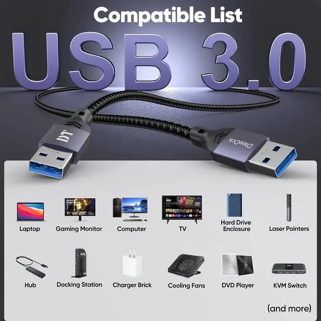 Alt view image 7 of 7 - USB to USB Cable 10 Ft 5Gbps Long USB 3.0 15W Type A Male to Male Cord 10ft Data Transfer & Fast Charging Double Sided USBA Wire for DVD Player Hub Laptop Cooler Computer PC TV