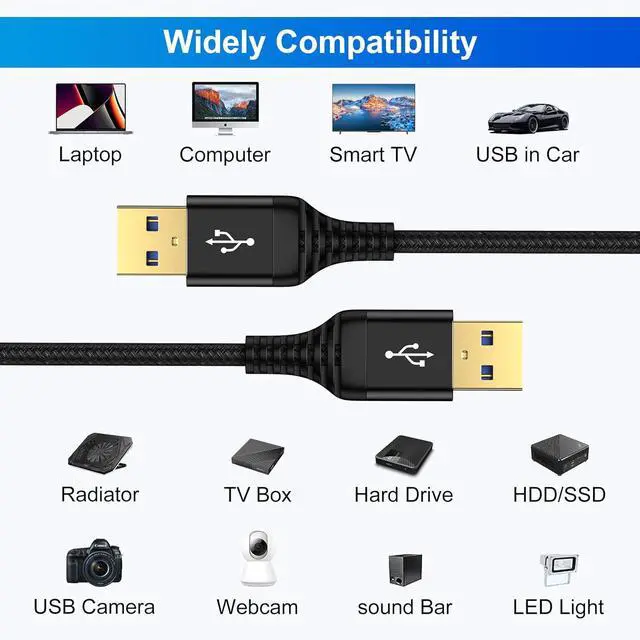 Alt view image 7 of 7 - 10FT USB A to USB A Cable USB Male to Male Cable Compatible with DVD Player/Computer/Hard Drive Enclosures/Laptop Cooler/PC/TV/Monitor High Data Transfer Double Sided Type A Braided Cord