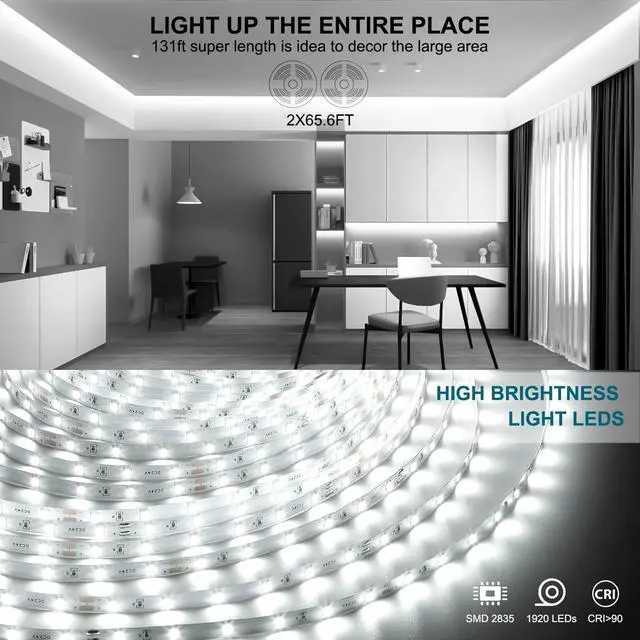 Alt view image 3 of 7 - White LED Strip Lights 131ft Dimmable 24V LED Lights Strip 6500K Bright Daylight White Flexible Tape Lights for Bedrooms Kitchen Cabinet Christmas Decor 2 Rolls of 65.6ft