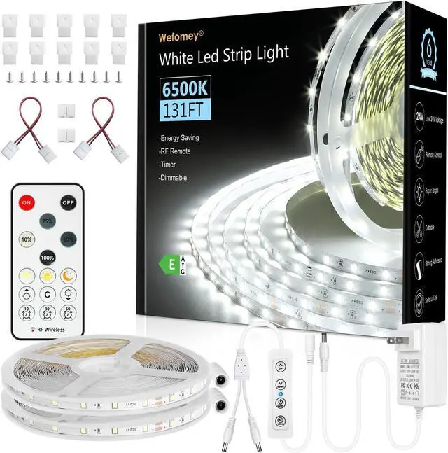 Main image of White LED Strip Lights 131ft Dimmable 24V LED Lights Strip 6500K Bright Daylight White Flexible Tape Lights for Bedrooms Kitchen Cabinet Christmas Decor 2 Rolls of 65.6ft