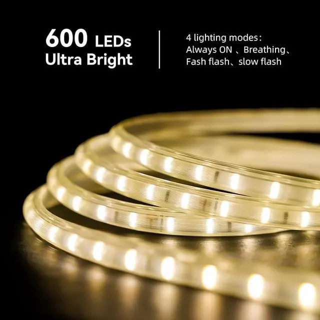 Alt view image 2 of 7 - 32.8 FT Solar LED Strip Lights 4000mAh Battery IP65 Waterproof 3000K Warm White Outdoor Solar Rope Lights with 4 Lighting Modes for Patio Garden Landscape Step Christmas