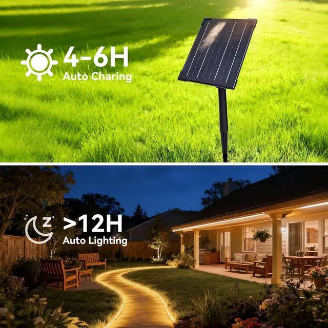 Alt view image 4 of 7 - 32.8 FT Solar LED Strip Lights 4000mAh Battery IP65 Waterproof 3000K Warm White Outdoor Solar Rope Lights with 4 Lighting Modes for Patio Garden Landscape Step Christmas