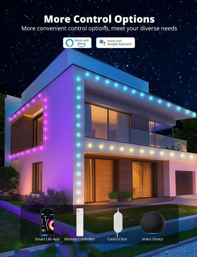 Alt view image 3 of 7 - Permanent Outdoor Lights for House 100ft with 90 LEDs 60lm Warm White with Solid Cover RGBW Smart LED Strip Lights IP65 Waterproof with Alexa/Google Assistant for Front Door Garage Porch
