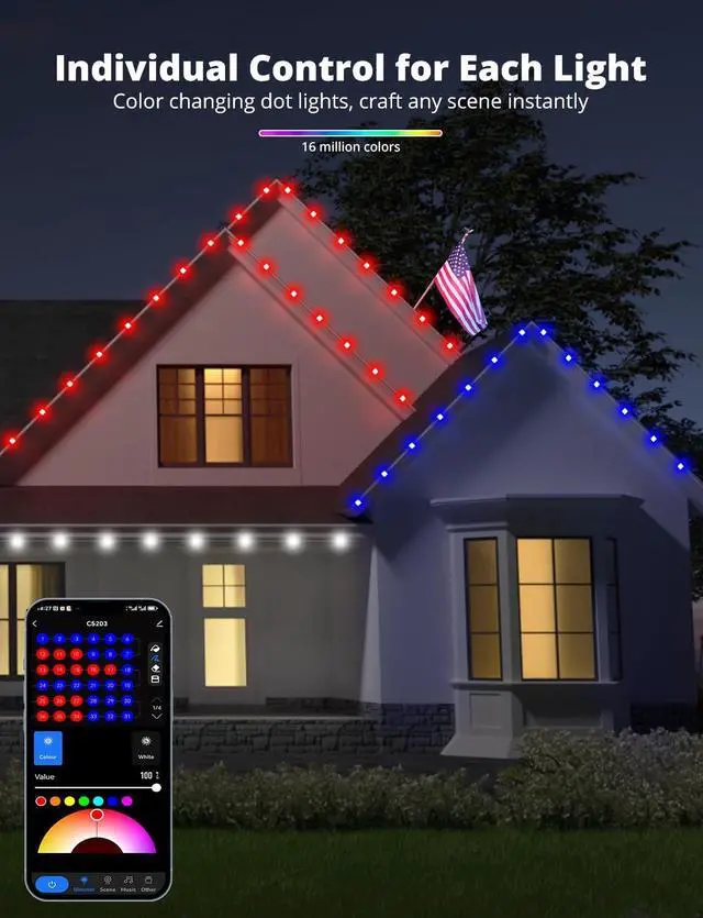 Alt view image 4 of 7 - Permanent Outdoor Lights for House 100ft with 90 LEDs 60lm Warm White with Solid Cover RGBW Smart LED Strip Lights IP65 Waterproof with Alexa/Google Assistant for Front Door Garage Porch