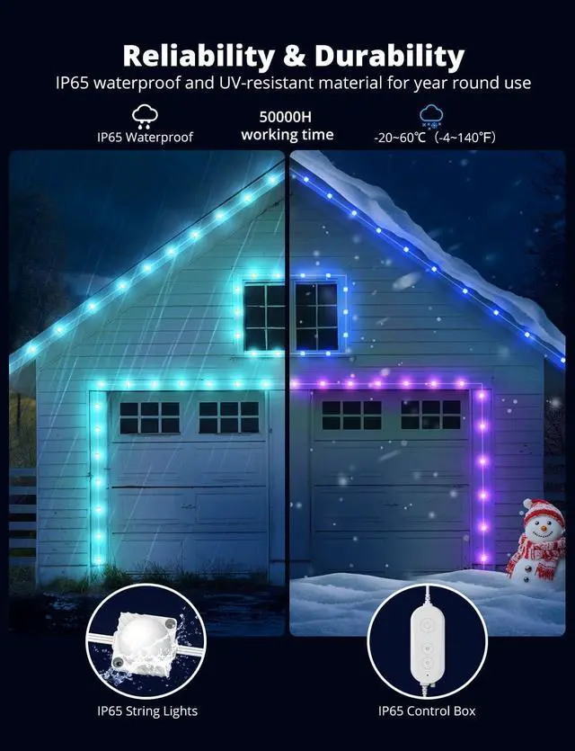 Alt view image 5 of 7 - Permanent Outdoor Lights for House 100ft with 90 LEDs 60lm Warm White with Solid Cover RGBW Smart LED Strip Lights IP65 Waterproof with Alexa/Google Assistant for Front Door Garage Porch
