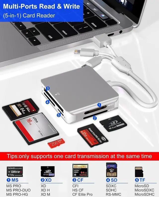 Alt view image 2 of 7 - Memory Stick Pro Duo Adapter - 5 in 1 MS/SD/TF/CF/XD Card Reader Multi Camera Phone Adapter with Lightning/USB C/USB OTG Use for Android iPhone 16/15/14 iPad Mac PC Laptop Memory Stick Pro Duo Mark2