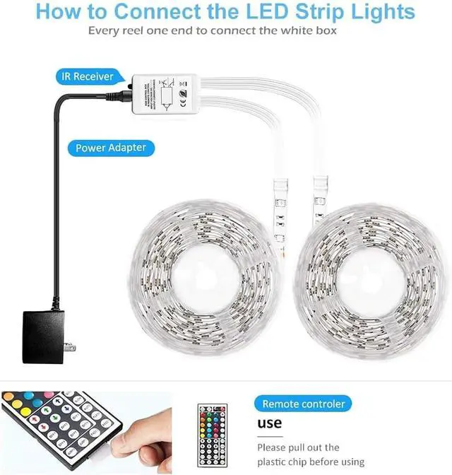 Alt view image 3 of 7 - Led Strip Lights Waterproof 32.8ft(2 Rolls of 16.4ft) Led Tape Lights Color Changing 300 LEDs Light Strips Kit with 44 Keys Ir Remote Controller and 12v Power Supply for Indoor Outdoor Use