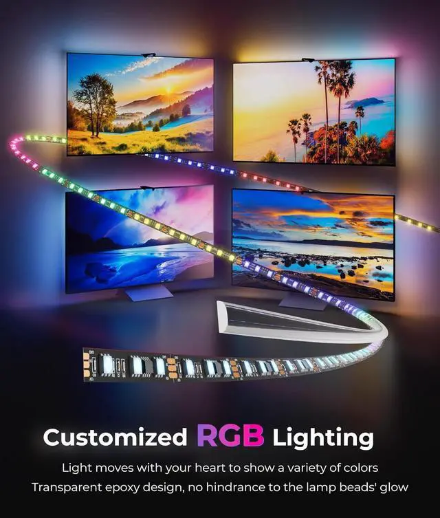 Alt view image 5 of 7 - TV Backlight LED 15ft - TV Backlight Sync to Screen PC Monitor for 55-75 Inch RGB LED Strip Lights Cuttable with Sensor Smart App Control Game & Music Sync Color Changing Light for Home Decor