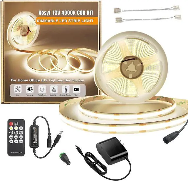 Main image of Dimmable COB LED Strip Light Kit with RF Remote & UL12v Power Supply CRI 93+ Flexible Cuttable 4000K Natural White Cob Light Strip for Under Cabinet Lighting Bedroom Mood & DIY Projects