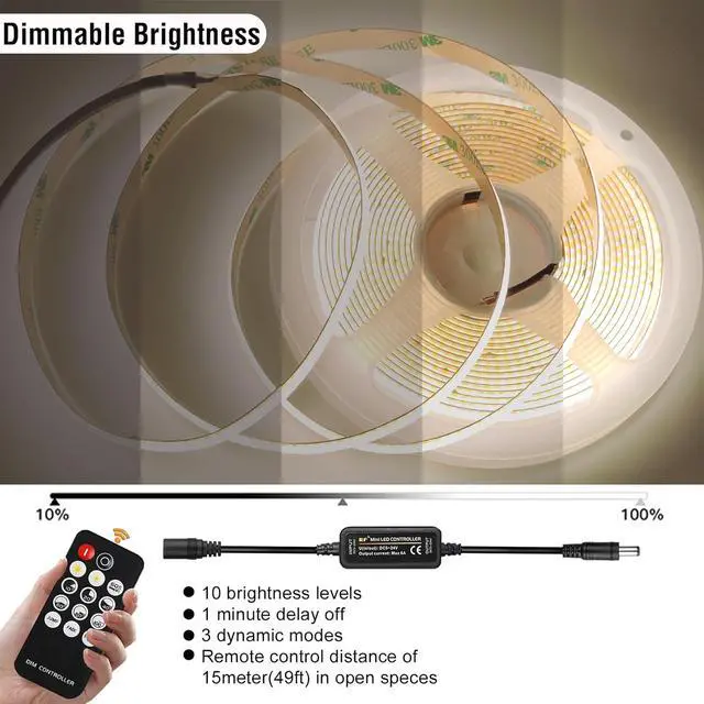 Alt view image 2 of 7 - Dimmable COB LED Strip Light Kit with RF Remote & UL12v Power Supply CRI 93+ Flexible Cuttable 4000K Natural White Cob Light Strip for Under Cabinet Lighting Bedroom Mood & DIY Projects