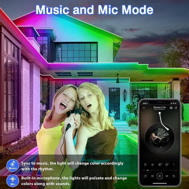 Alt view image 5 of 7 - 200FT Outdoor LED Strip Lights Waterproof Music Sync RGB IP68 Outside Led Light Strips Waterproof with App and Remote Exterior Led Rope Lights for Deck Balcony Roof Garden Pool