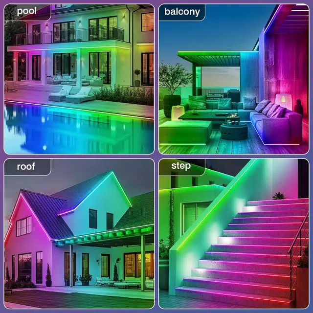 Alt view image 4 of 7 - 200FT Outdoor LED Strip Lights Waterproof Music Sync RGB IP68 Outside Led Light Strips Waterproof with App and Remote Exterior Led Rope Lights for Deck Balcony Roof Garden Pool