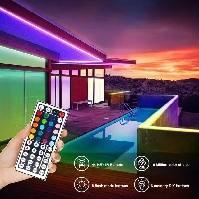 Alt view image 6 of 7 - Waterproof LED Light Strips 32.8ft IP65 Outdoor LED Strip Lights Waterproof with 44 Key IR Remote Color Changing RGB Lighting for Bedroom TV Kitchen Indoor/Outdoor Decor(16.4ft x 2)