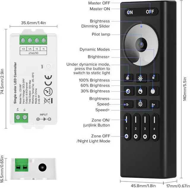 Alt view image 5 of 7 - 5050SMD FCOB COB Dimming RF 2.4GHz Wireless Remote RC01RFB & C01RF Tuya Controller Kit 4 Zones Group Control PWM Single Color (+V -V) 2pin LED Strip Neon Rope Light DC5V DC12V DC24V