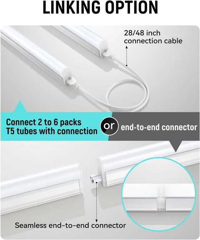 Alt view image 3 of 7 - (4 Pack) 4FT T5 LED Shop Light 6500K 20W 2300LM(Super Bright White) Linkable LED Integrated Fixture Garage Ceiling and Cabinet Light Strip Light Corded Electric with ON/Off Switch