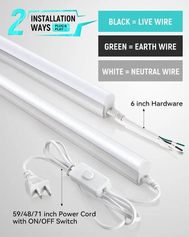 Alt view image 4 of 7 - (4 Pack) 4FT T5 LED Shop Light 6500K 20W 2300LM(Super Bright White) Linkable LED Integrated Fixture Garage Ceiling and Cabinet Light Strip Light Corded Electric with ON/Off Switch