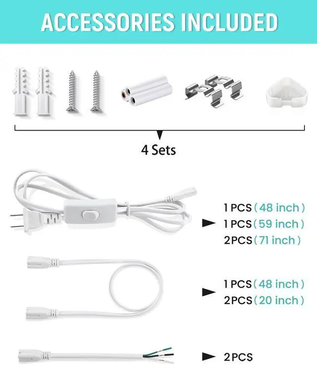 Alt view image 6 of 7 - (4 Pack) 4FT T5 LED Shop Light 6500K 20W 2300LM(Super Bright White) Linkable LED Integrated Fixture Garage Ceiling and Cabinet Light Strip Light Corded Electric with ON/Off Switch