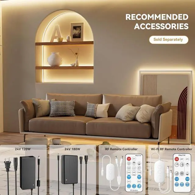 Alt view image 6 of 7 - COB LED Strip Lights 40ft/12.2m Super Bright 504 LEDs/m Warm White 3000K CRI90+ Flexible LED Tape 24V for Cabinet Home DIY Lighting Projects with 2pcs COB Connector(Power Supply Not Included)