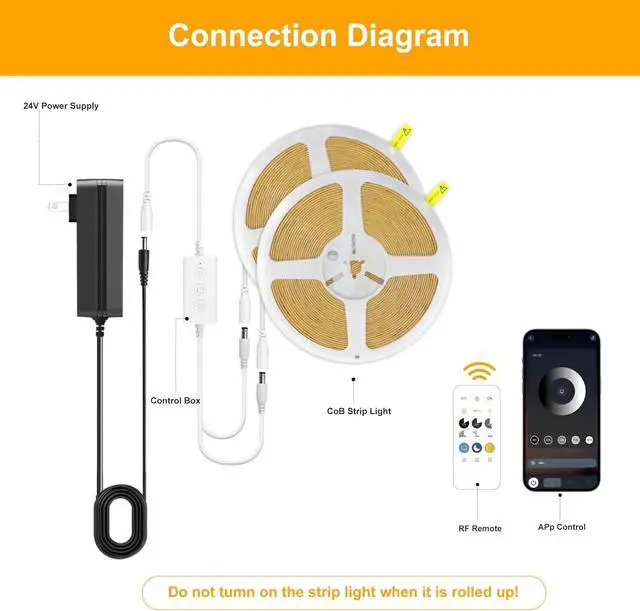 Alt view image 2 of 7 - COB LED Strip Lights Warm White 24V Dimmable led Light Strip KIT with Remote and app Control 2700K 32.8FT/2 * 5m 8mm Wide Ra>90 Cuttable Flexible Strip Lights for Bedroom Shelf Cabinet