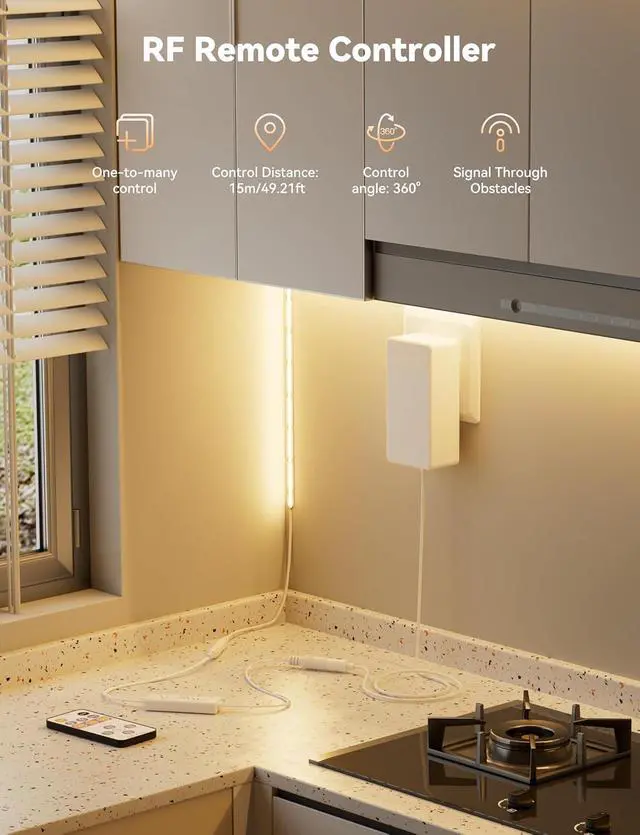 Alt view image 4 of 7 - COB LED Strip 2700K Warm White 20ft/6.1m Dimmable Super Bright 24V LED Strip Light CRI 90+ Flexible Tape Light with RF Remote Timer Function for Shelf/Cabinet/Bedroom/TV DIY Lighting Project