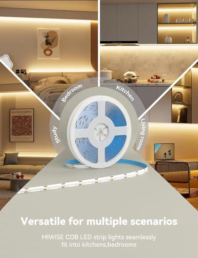 Alt view image 5 of 7 - COB LED Strip 2700K Warm White 20ft/6.1m Dimmable Super Bright 24V LED Strip Light CRI 90+ Flexible Tape Light with RF Remote Timer Function for Shelf/Cabinet/Bedroom/TV DIY Lighting Project