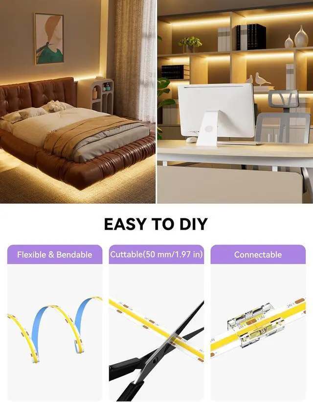 Alt view image 6 of 7 - COB LED Strip 2700K Warm White 20ft/6.1m Dimmable Super Bright 24V LED Strip Light CRI 90+ Flexible Tape Light with RF Remote Timer Function for Shelf/Cabinet/Bedroom/TV DIY Lighting Project