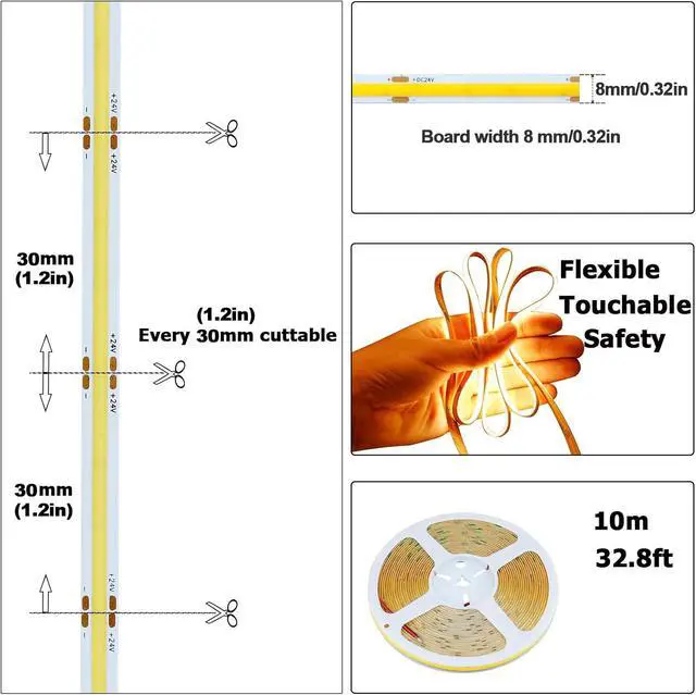 Alt view image 3 of 7 - 32.8ft(10M) 24V COB LED Strip Light Warm White 3000K 3840LEDs CRI 93+ 6800lm Uniform Glow Dotless IP20 Not Waterproof Flexible LED Tape Lights for DIY Cabinet Bedroom Home Decor(No Power Supply)