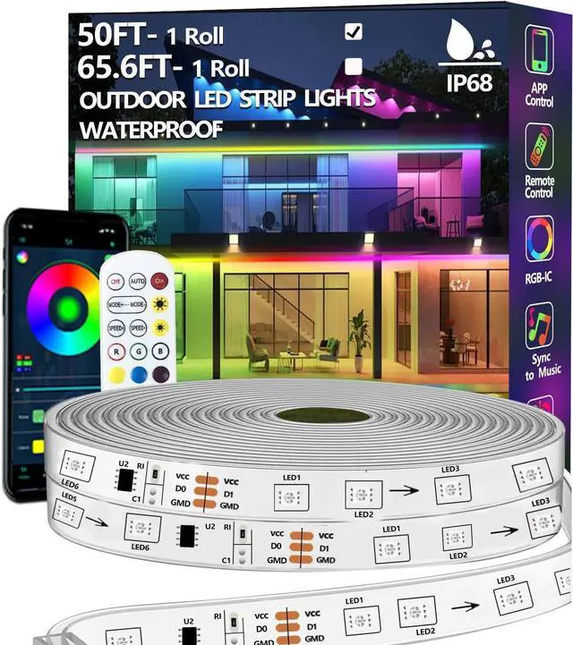 Main image of 50FT Outdoor LED Strip Light Waterproof IP68 Outside RGB+IC Light Strip with App/Remote Control Chase Mode Music Sync Light for Balcony Deck Rooftop Garden Pool