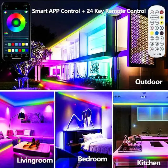 Alt view image 4 of 6 - 32.8FT Outdoor LED Strip Light Waterproof IP68 Outside RGB+IC Light Strip with App/Remote Control Chase Mode Music Sync Rope Light for Balcony Deck Rooftop Garden Pool