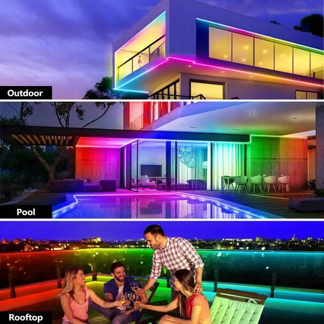 Alt view image 2 of 6 - 32.8FT Outdoor LED Strip Light Waterproof IP68 Outside RGB+IC Light Strip with App/Remote Control Chase Mode Music Sync Rope Light for Balcony Deck Rooftop Garden Pool