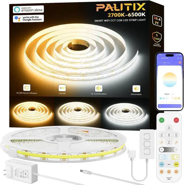 Main image of CCT COB LED Strip Light White Tunable 3200LEDs CRI90+ 16.4ft/5m Dimmable 2700K-6500K 24V LED Tape Lights Kit Work with Alexa/Google Assistant for Under Cabinet Bedroom Kitchen DIY Lighting
