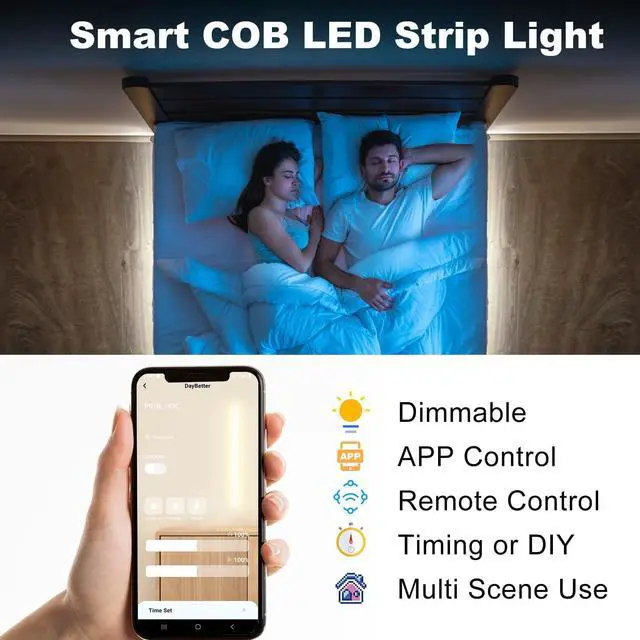 Alt view image 2 of 5 - COB LED Strip Lights 32.8 ft/10 m 3200 LEDs Bright Daylight White LED Light Strips with Remote and App 6500K Dimmable LED Tape Light Indoor COB LED Lights for Bedroom DIY Lighting
